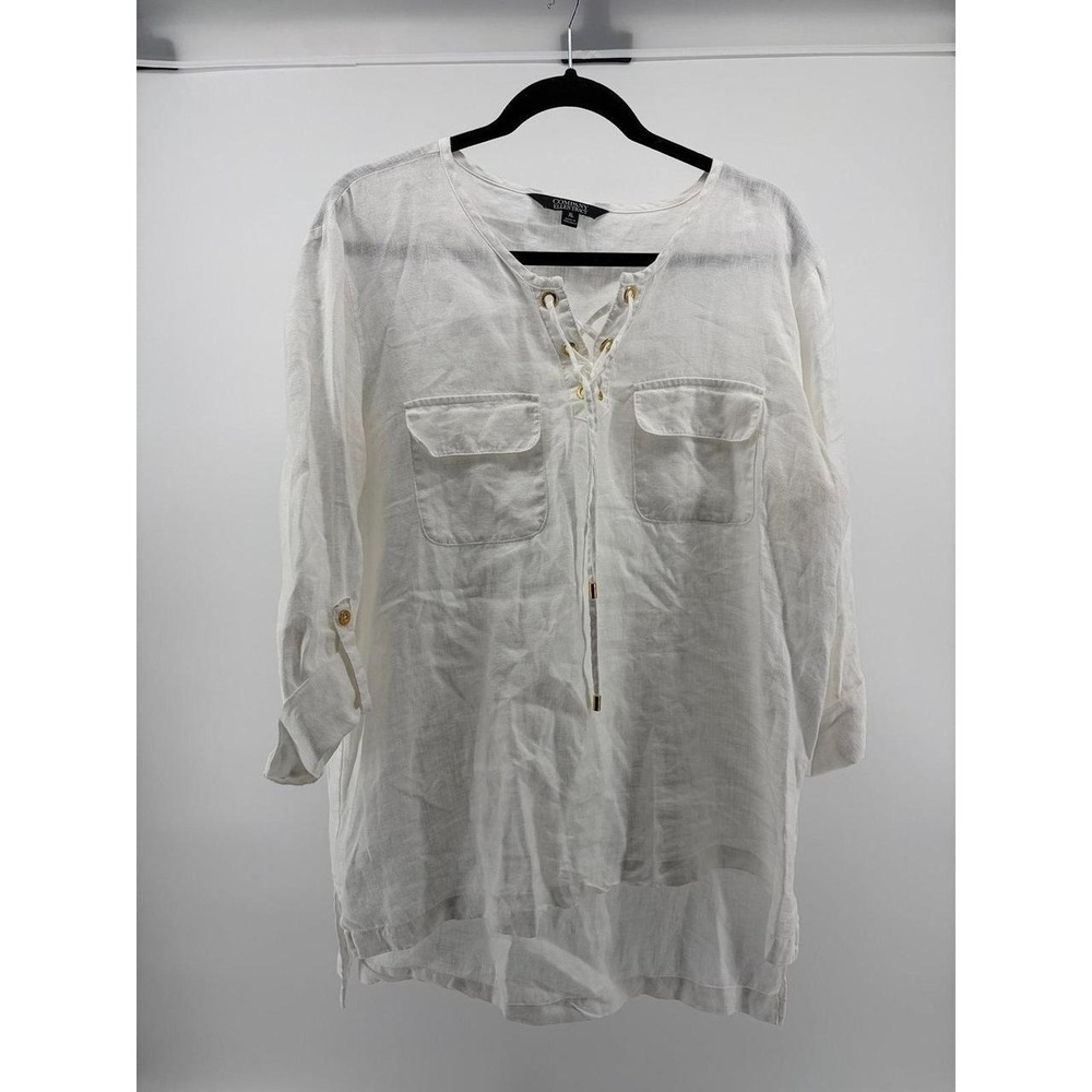 Company Ellen Tracy, Tunic White Top 100% Linen,‎ Front Pockets, Women's Size XL